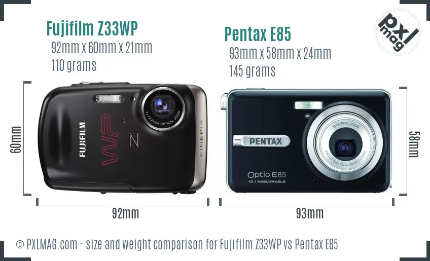 Fujifilm Z33WP vs Pentax E85 size comparison