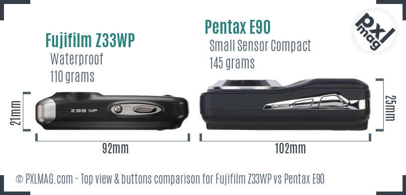 Fujifilm Z33WP vs Pentax E90 top view buttons comparison