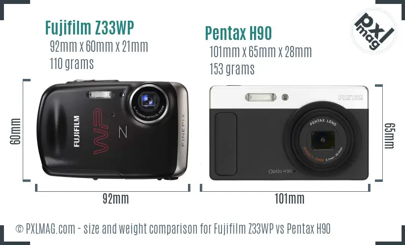 Fujifilm Z33WP vs Pentax H90 size comparison