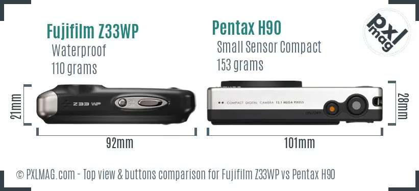 Fujifilm Z33WP vs Pentax H90 top view buttons comparison