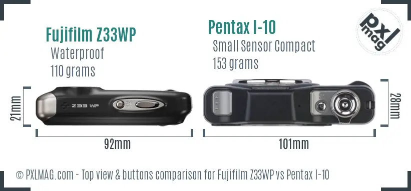 Fujifilm Z33WP vs Pentax I-10 top view buttons comparison Fujifilm Z33WP vs Pentax I-10 top view buttons comparison