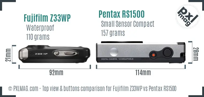 Fujifilm Z33WP vs Pentax RS1500 top view buttons comparison