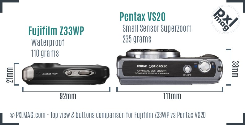 Fujifilm Z33WP vs Pentax VS20 top view buttons comparison
