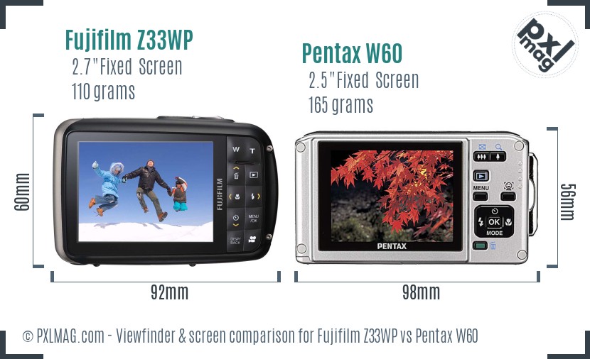 Fujifilm Z33WP vs Pentax W60 Screen and Viewfinder comparison