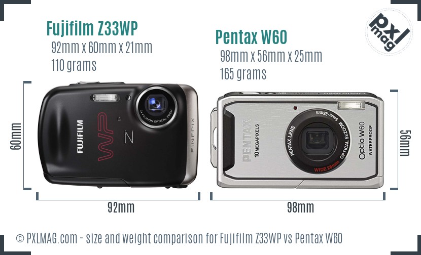 Fujifilm Z33WP vs Pentax W60 size comparison