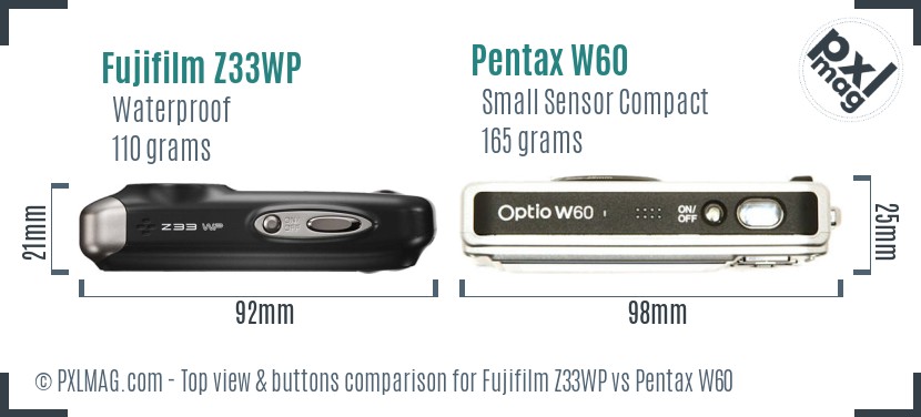 Fujifilm Z33WP vs Pentax W60 top view buttons comparison