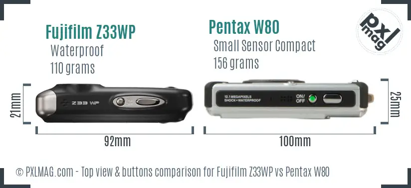Fujifilm Z33WP vs Pentax W80 top view buttons comparison