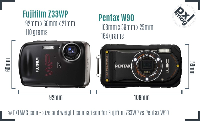 Fujifilm Z33WP vs Pentax W90 size comparison