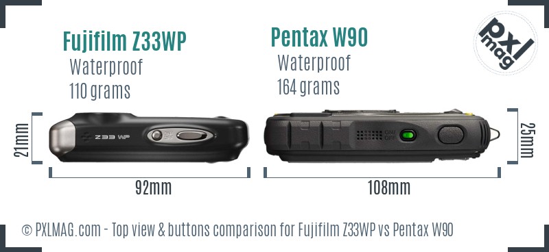 Fujifilm Z33WP vs Pentax W90 top view buttons comparison