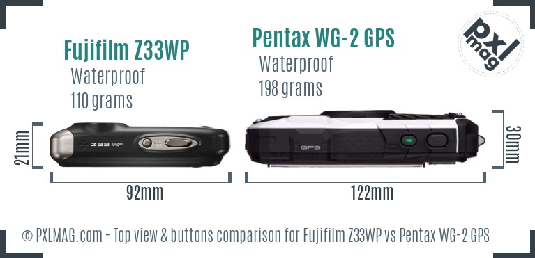Fujifilm Z33WP vs Pentax WG-2 GPS top view buttons comparison