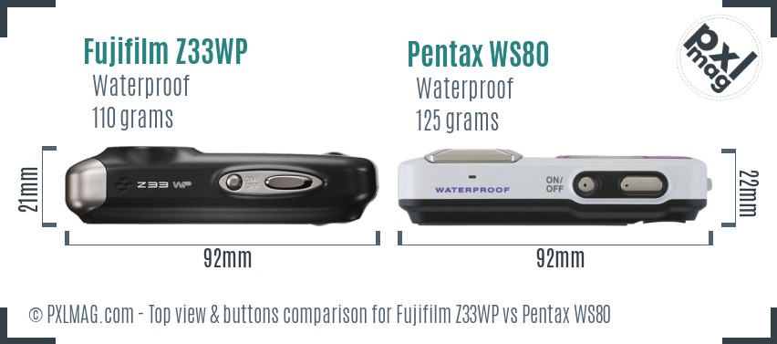 Fujifilm Z33WP vs Pentax WS80 top view buttons comparison