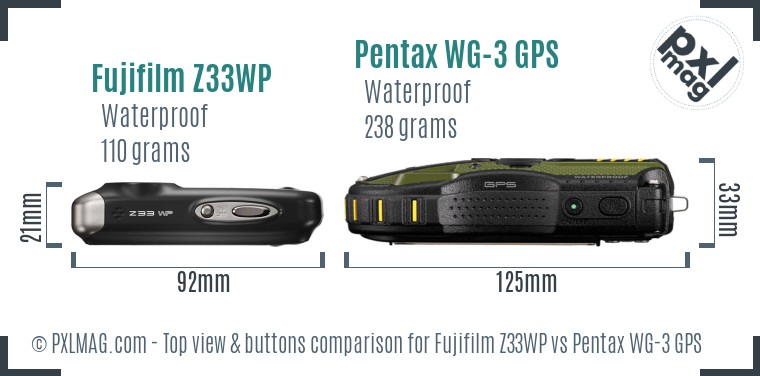 Fujifilm Z33WP vs Pentax WG-3 GPS top view buttons comparison