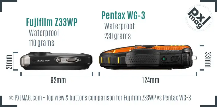 Fujifilm Z33WP vs Pentax WG-3 top view buttons comparison