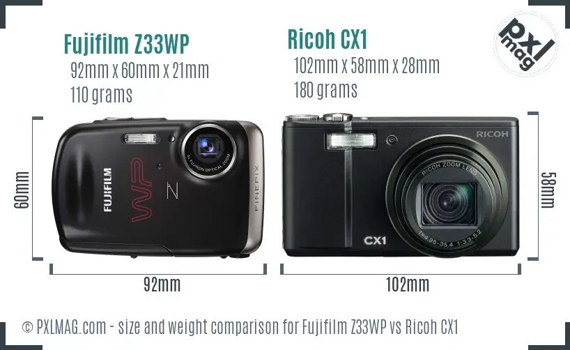 Fujifilm Z33WP vs Ricoh CX1 size comparison