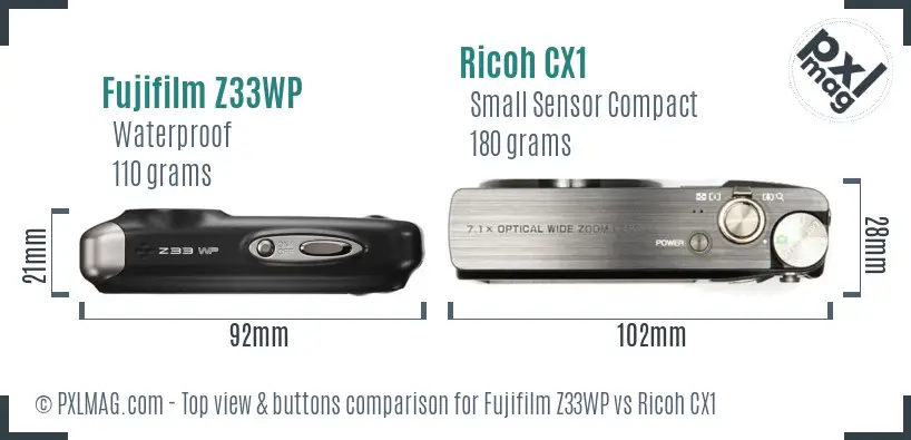 Fujifilm Z33WP vs Ricoh CX1 top view buttons comparison