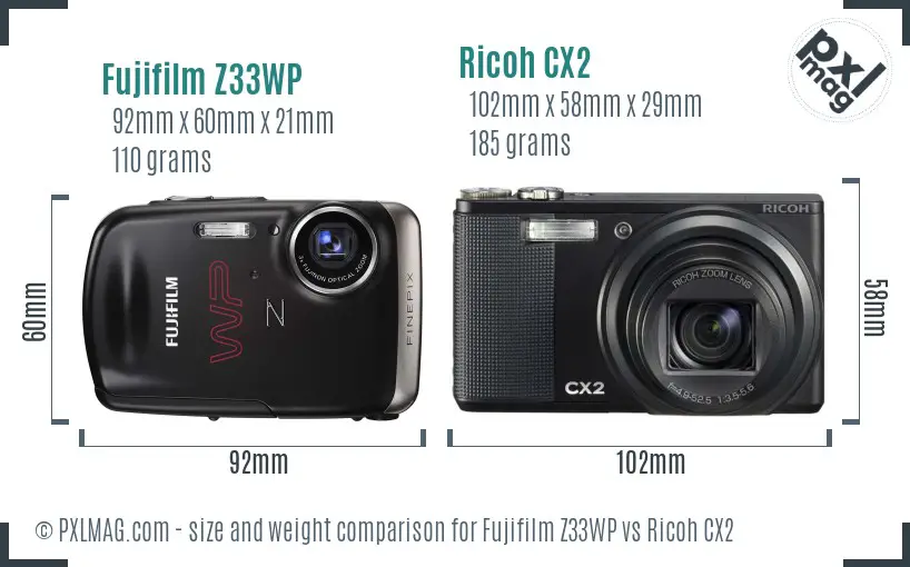 Fujifilm Z33WP vs Ricoh CX2 size comparison