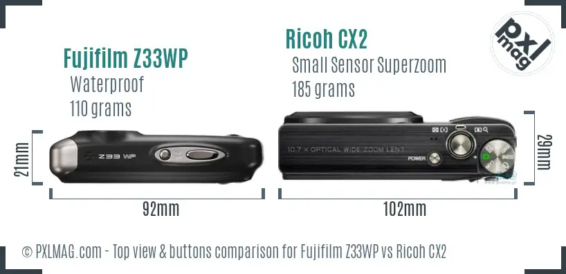 Fujifilm Z33WP vs Ricoh CX2 top view buttons comparison
