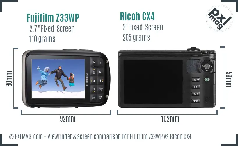 Fujifilm Z33WP vs Ricoh CX4 Screen and Viewfinder comparison