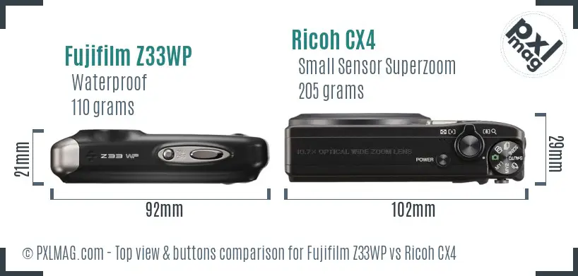 Fujifilm Z33WP vs Ricoh CX4 top view buttons comparison