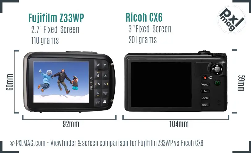 Fujifilm Z33WP vs Ricoh CX6 Screen and Viewfinder comparison