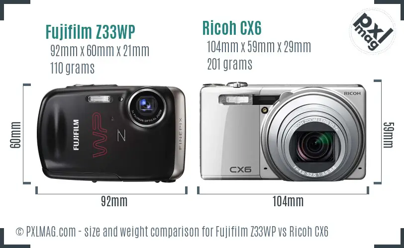 Fujifilm Z33WP vs Ricoh CX6 size comparison Fujifilm Z33WP vs Ricoh CX6 size comparison