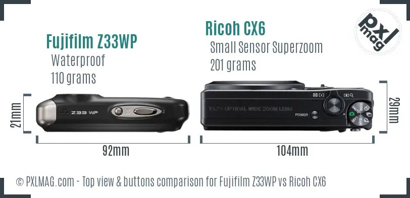 Fujifilm Z33WP vs Ricoh CX6 top view buttons comparison