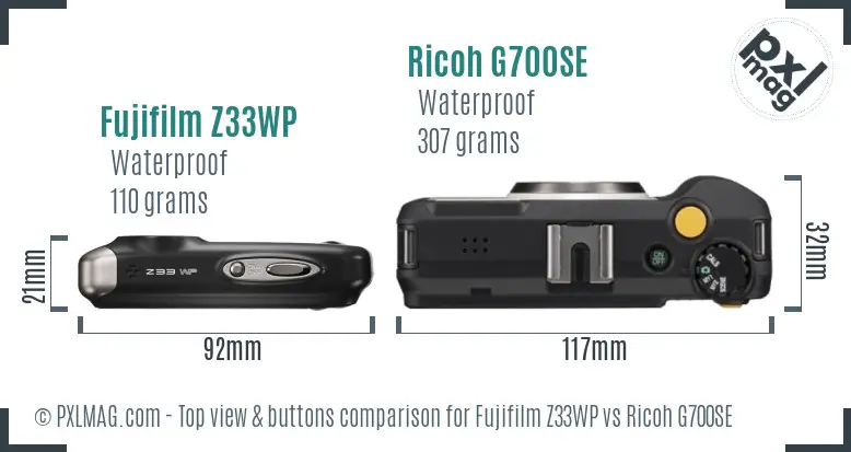 Fujifilm Z33WP vs Ricoh G700SE top view buttons comparison