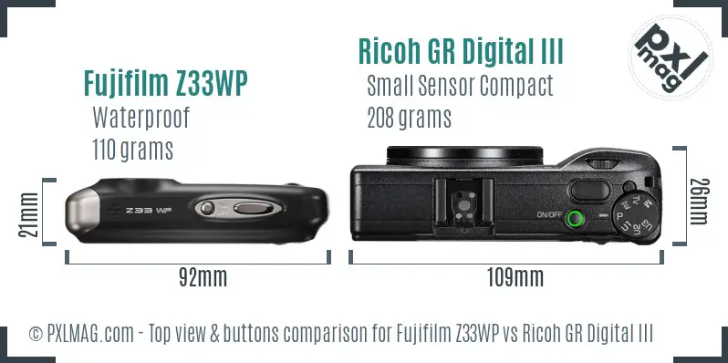 Fujifilm Z33WP vs Ricoh GR Digital III top view buttons comparison Fujifilm Z33WP vs Ricoh GR Digital III top view buttons comparison