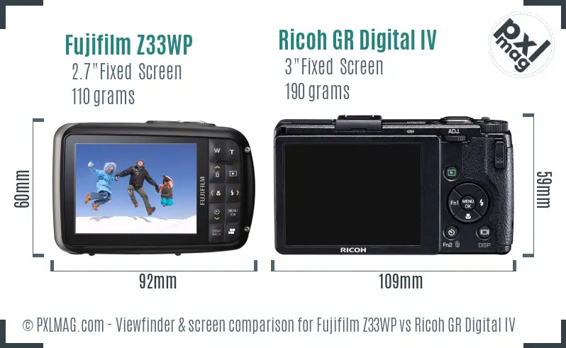 Fujifilm Z33WP vs Ricoh GR Digital IV Screen and Viewfinder comparison