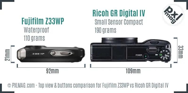 Fujifilm Z33WP vs Ricoh GR Digital IV top view buttons comparison