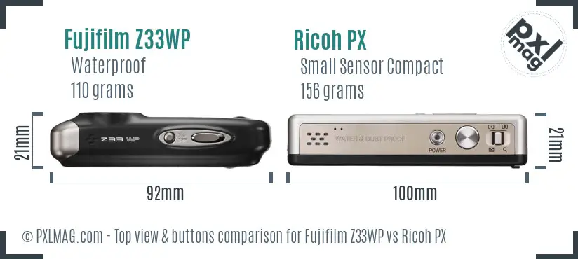 Fujifilm Z33WP vs Ricoh PX top view buttons comparison