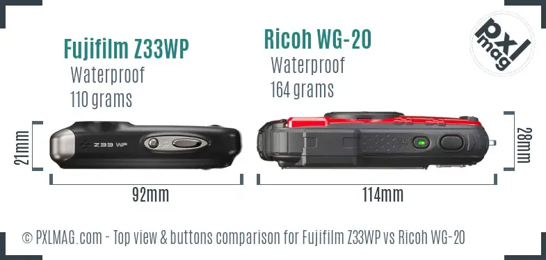 Fujifilm Z33WP vs Ricoh WG-20 top view buttons comparison Fujifilm Z33WP vs Ricoh WG-20 top view buttons comparison