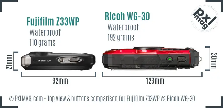 Fujifilm Z33WP vs Ricoh WG-30 top view buttons comparison Fujifilm Z33WP vs Ricoh WG-30 top view buttons comparison