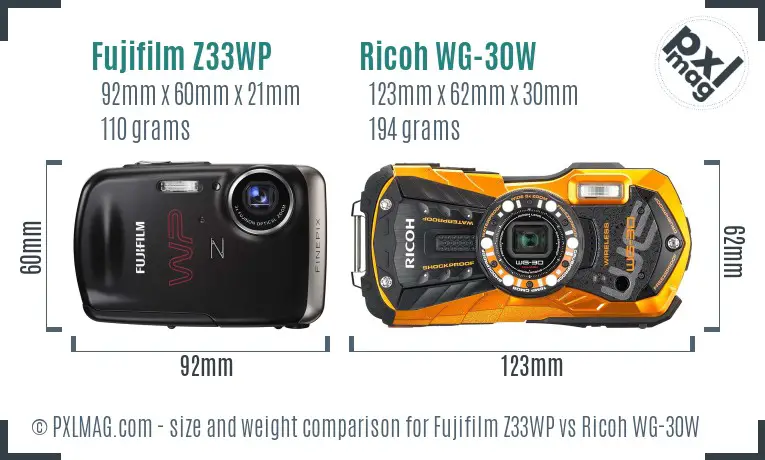 Fujifilm Z33WP vs Ricoh WG-30W size comparison
