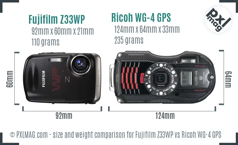 Fujifilm Z33WP vs Ricoh WG-4 GPS size comparison Fujifilm Z33WP vs Ricoh WG-4 GPS size comparison