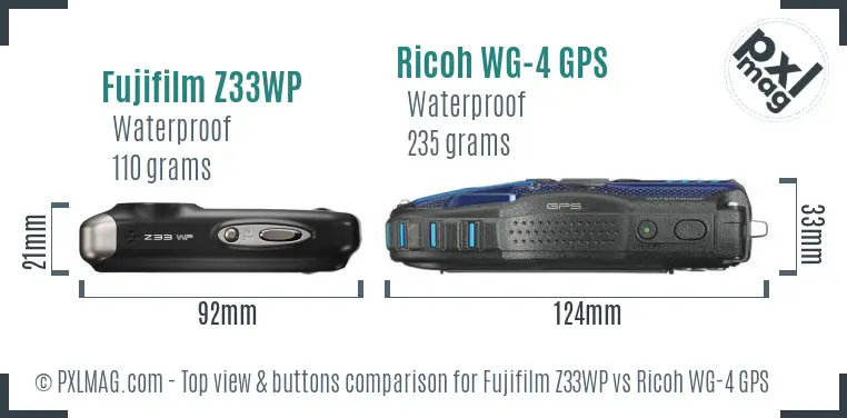 Fujifilm Z33WP vs Ricoh WG-4 GPS top view buttons comparison Fujifilm Z33WP vs Ricoh WG-4 GPS top view buttons comparison