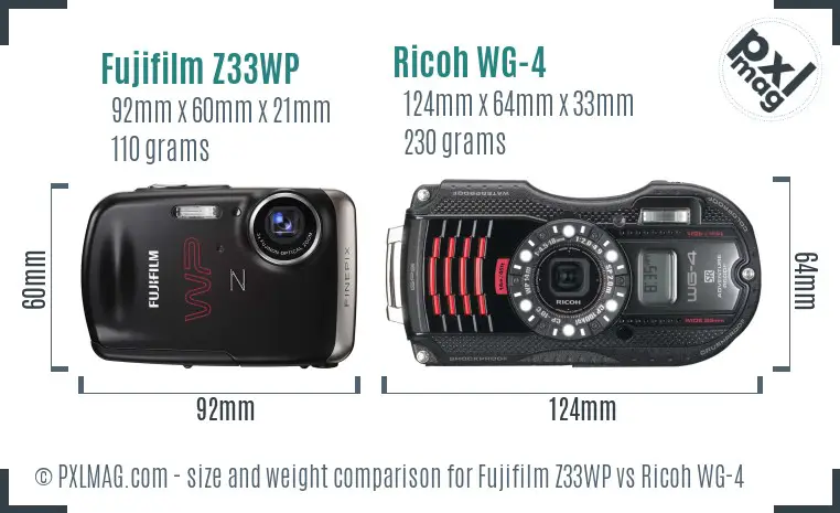 Fujifilm Z33WP vs Ricoh WG-4 size comparison