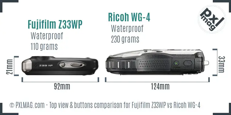 Fujifilm Z33WP vs Ricoh WG-4 top view buttons comparison