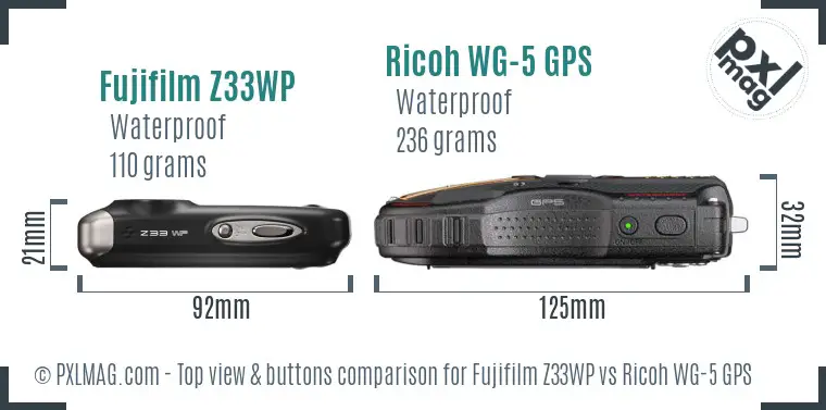 Fujifilm Z33WP vs Ricoh WG-5 GPS top view buttons comparison