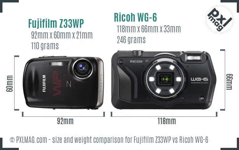 Fujifilm Z33WP vs Ricoh WG-6 size comparison