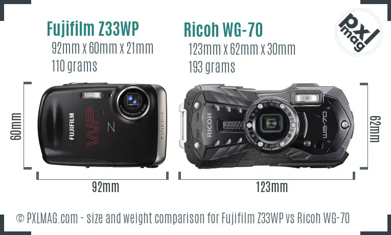 Fujifilm Z33WP vs Ricoh WG-70 size comparison