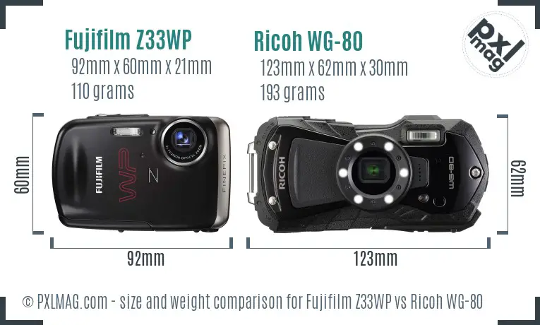Fujifilm Z33WP vs Ricoh WG-80 size comparison