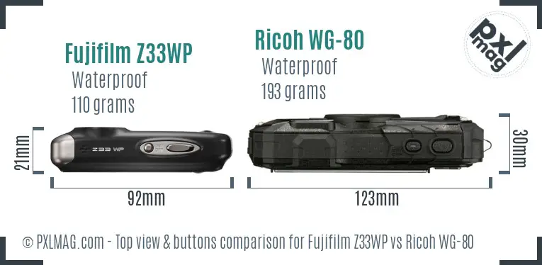 Fujifilm Z33WP vs Ricoh WG-80 top view buttons comparison
