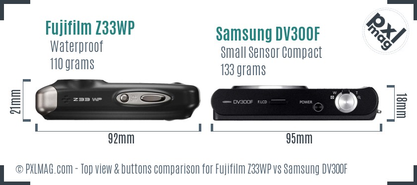 Fujifilm Z33WP vs Samsung DV300F top view buttons comparison