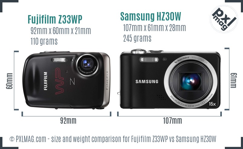 Fujifilm Z33WP vs Samsung HZ30W size comparison
