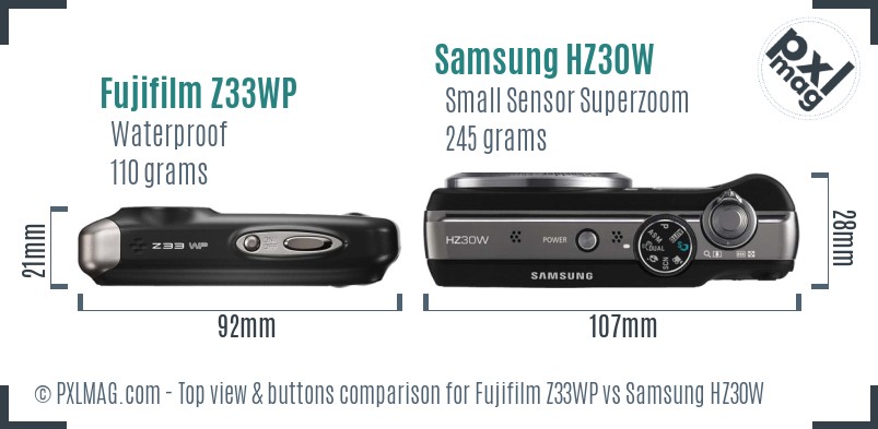 Fujifilm Z33WP vs Samsung HZ30W top view buttons comparison