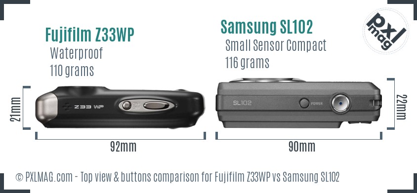 Fujifilm Z33WP vs Samsung SL102 top view buttons comparison