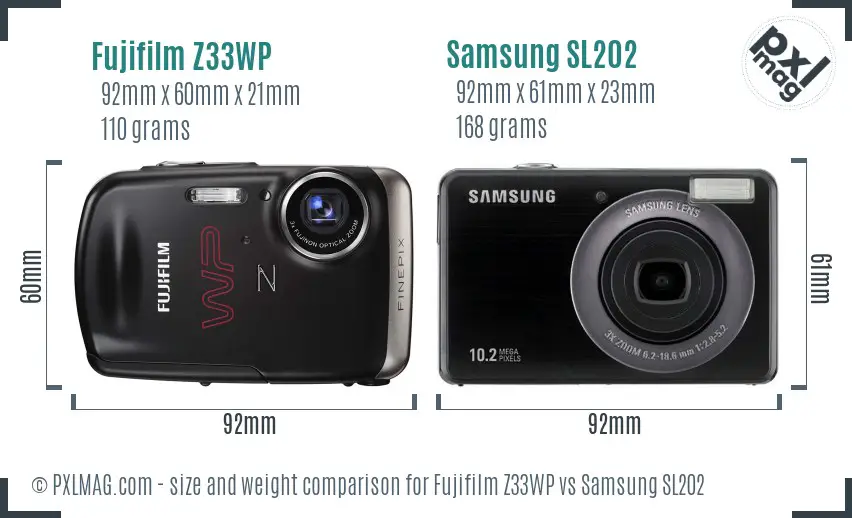 Fujifilm Z33WP vs Samsung SL202 size comparison