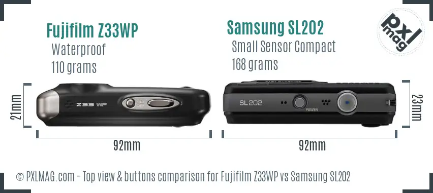 Fujifilm Z33WP vs Samsung SL202 top view buttons comparison