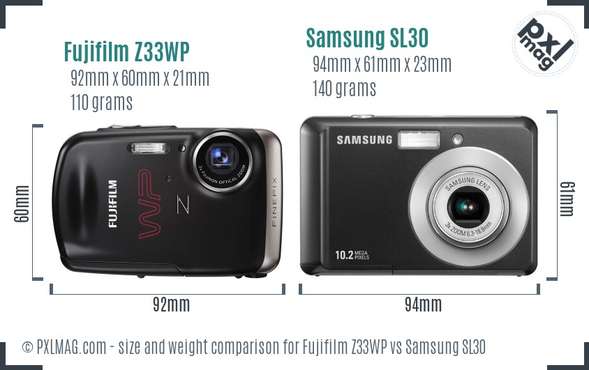 Fujifilm Z33WP vs Samsung SL30 size comparison